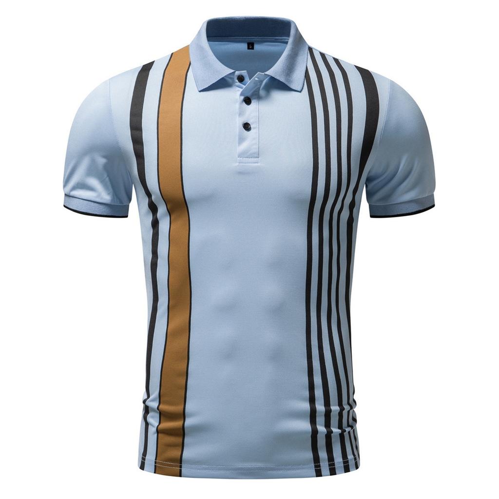 Men's Summer Fashion Striped Short Sleeve T-Shirt Lapel Button Top