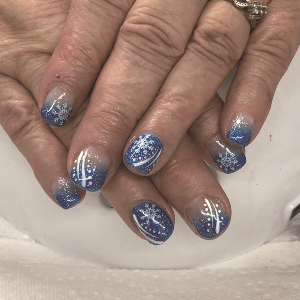 24Pcs Christmas Blue Glitter Short Square Press On Nails With Snowflake French Design Fake Nails For Women Holiday Manicure