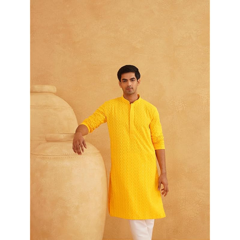 SOJANYA (Since 1958 Men' Pure Cotton Mustard Embroidered Sequined Kurta