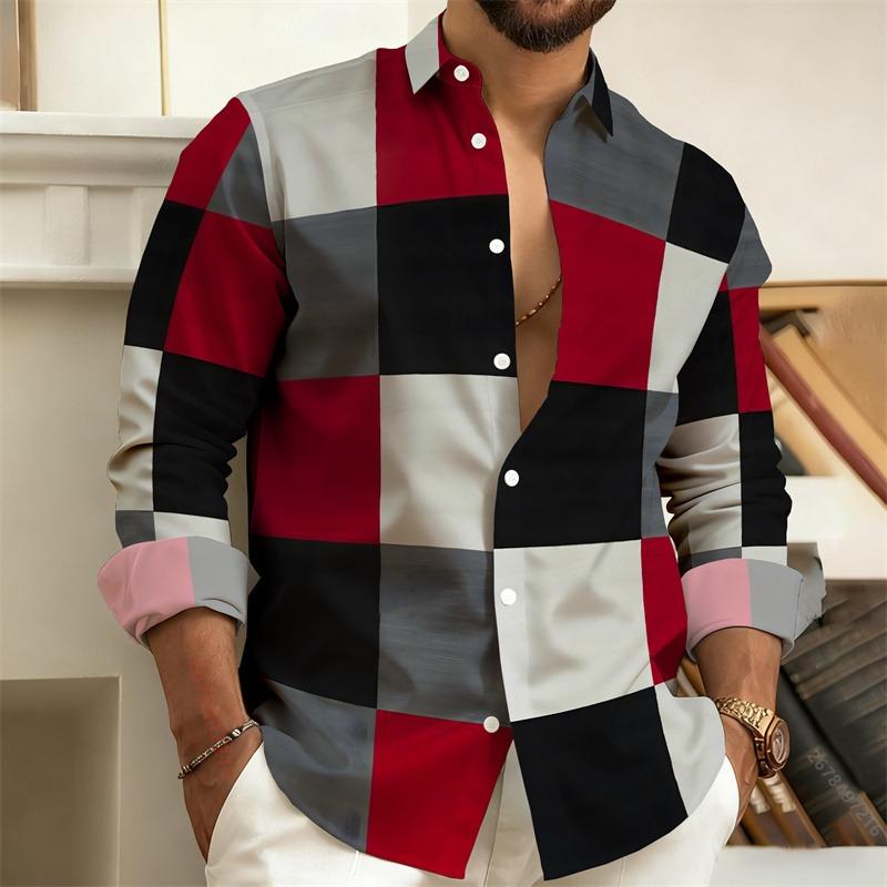 Men's 3D Printed Geometric Color-Blocked Long-Sleeved Shirt, Stylish Casual Slim-Fit Shirt, Outdoor Street Style Men's Top