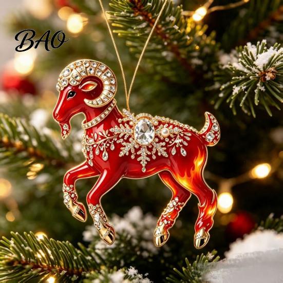 Christmas Tree Decoration Acrylic Goat Pendant, Decorative Hanging Ornament with Xmas Pendant Rhinestone, Golden Cord for New Year Party Collectible
