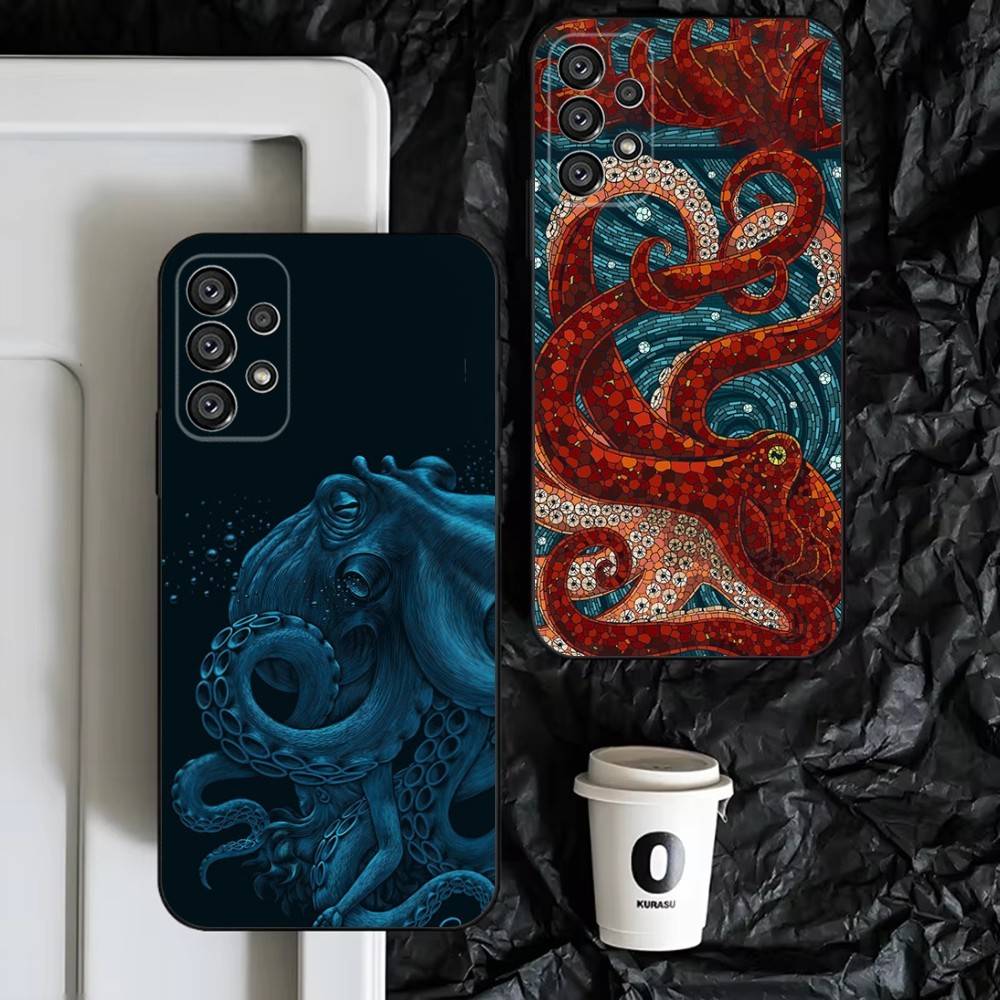 Marine Life Ocean Octopus Phone Case For Samsung S25,S24,S23,S22,S21,S20,S10,Ultra,Plus,Lite,FE,Soft Silicone Black Cover