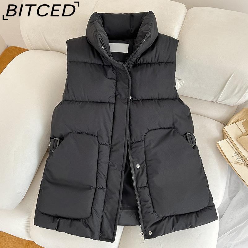BITCED Autumn/Winter Women's Fashion Solid-Colour Belted Cotton Jacket, Fashionable Waistcoat, Stand-Up Collar Puffer Coat