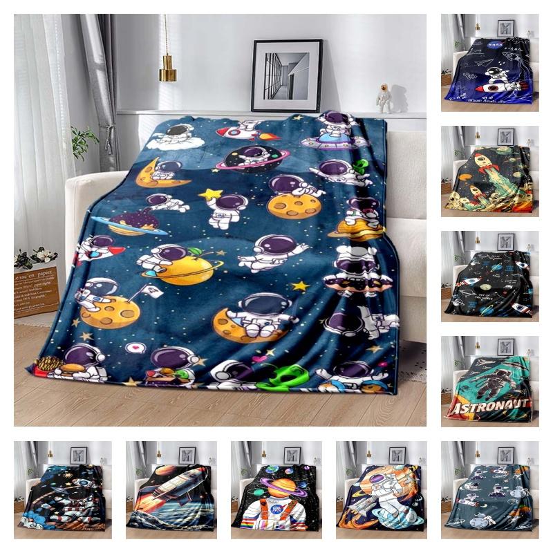 Space Astronaut Flannel Blanket, Soft Warm Throw with Cartoon Spaceman & Planet Print for Kids Bed Sofa, Cozy Bedding for Boys
