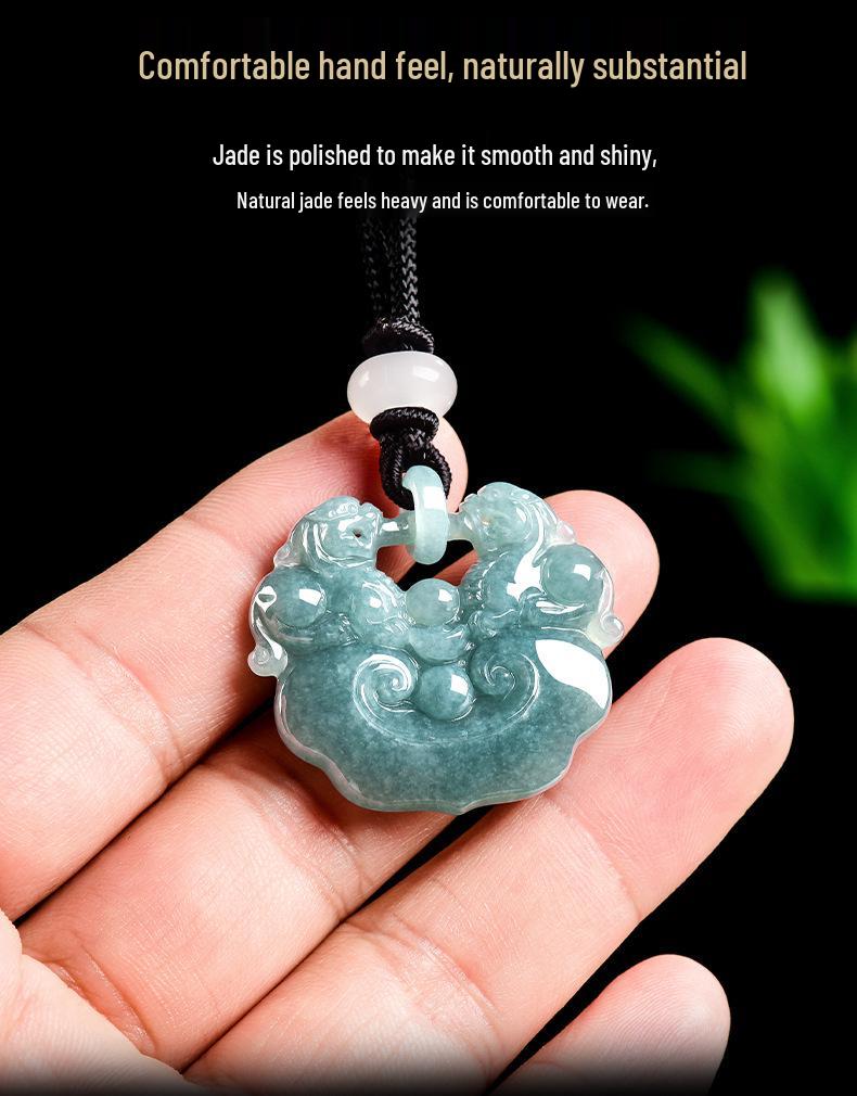 Premium Blue Jade Pixiu Ruyi Pendant Necklace with Leather Tassel