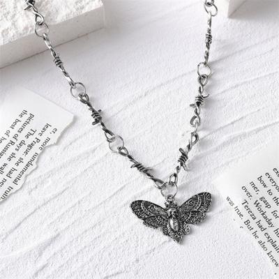 Yousheng Women Necklace Moth Skeleton Pendant Thorn Hip Hop Hollow Gothic Solid Color Stainless Adjustable Length Wear-resistant Polished Neck