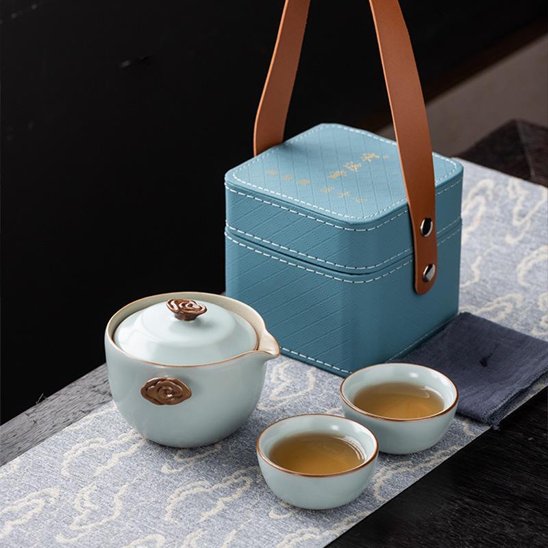 Tianqing Huang Ru Handmade Ru Kiln One Pot Two Cups Earth Silver Award High-end Ru Kiln Outdoor Kung Fu Tea Set Business Gifts