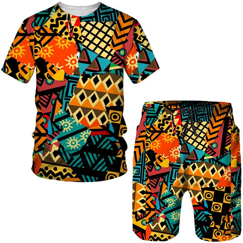 Men's Colorful African Folk-Custom 3D Print T-shirt Shorts 2pcs Suits Dashiki Ethnic Tracksuit Set for Men Sportwear Y2k Clothes