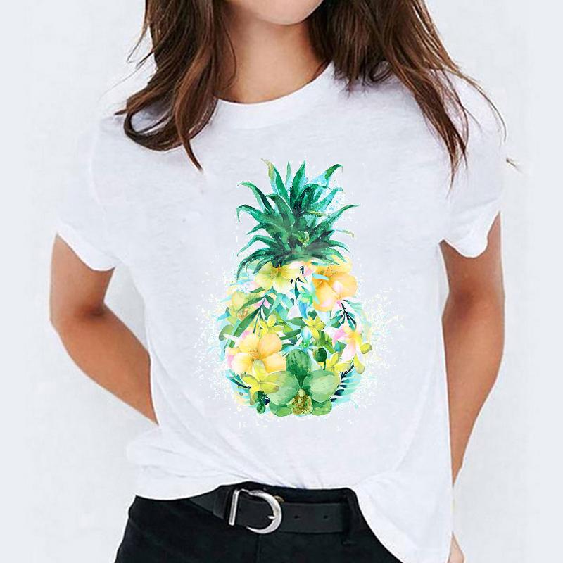 Graphic Women T Shirt Pineapple Watercolor Cartoon Short Sleeve Print Top Femme Tshirt Harajuku O-Neck Casual Ladies Tee Clothes