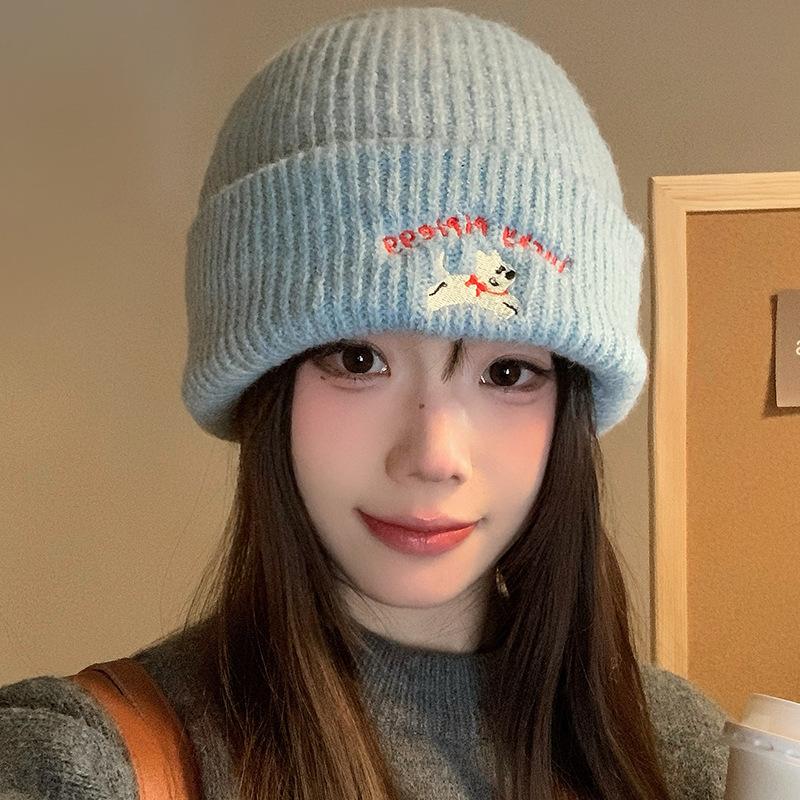 Cute puppy embroidered knitted wool hat women's 2025 new season face small versatile big head circumference hat