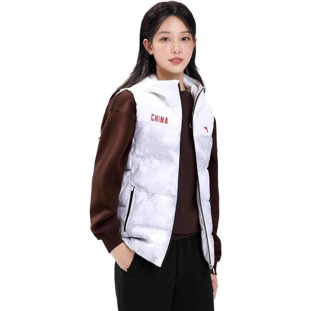 Anta All Over Print Zipper Hooded Sleeveless Down Vest Women Vests Snow-White 162347908-1