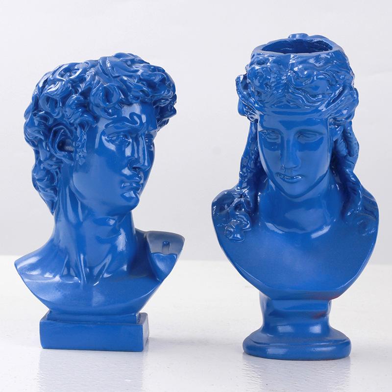 Vaso David in stile europeo, ornamenti da scrivania retrò, composizione floreale per soggiorno, bouquet di fiori secchi, ornamenti scultorei a forma di testa di personaggio nordico