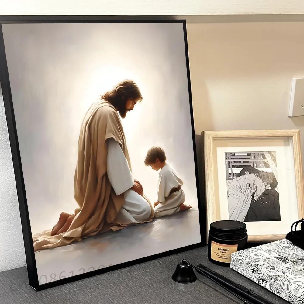 Jezus God Lam Engel Jongen Meisjes Bidden Bijbel Minimalistische Esthetiek Print Canvas Schilderij voor Woonkamer Moderne Woondecoratie