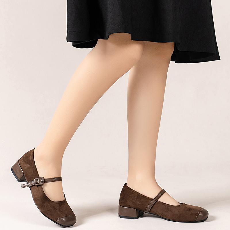 Fashion Retro Mary Jane Shoes 2024 New Square Toe Shallow Mouth Straight Buckle with Thick Heel Patchwork Fashionable Single Shoe