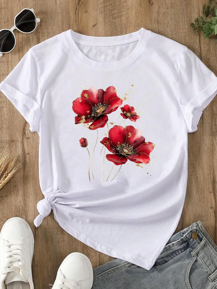(Asian Size)  trend lovely flower style o-neck Women's Top T Clothing Print Short Sleeve T-shirts Fashion Female Casual Graphic Tee
