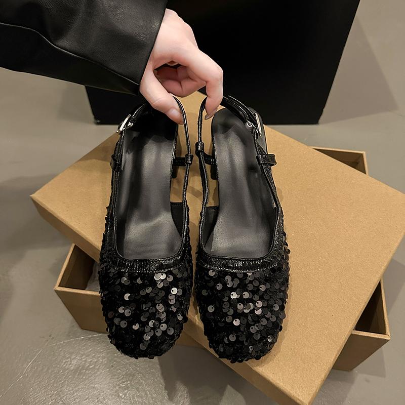 Fashion Women's Baotou Slippers Spring New Square Head Shallow Mouth Glitter Cloth Anti-slip Wear-resistant High Heels