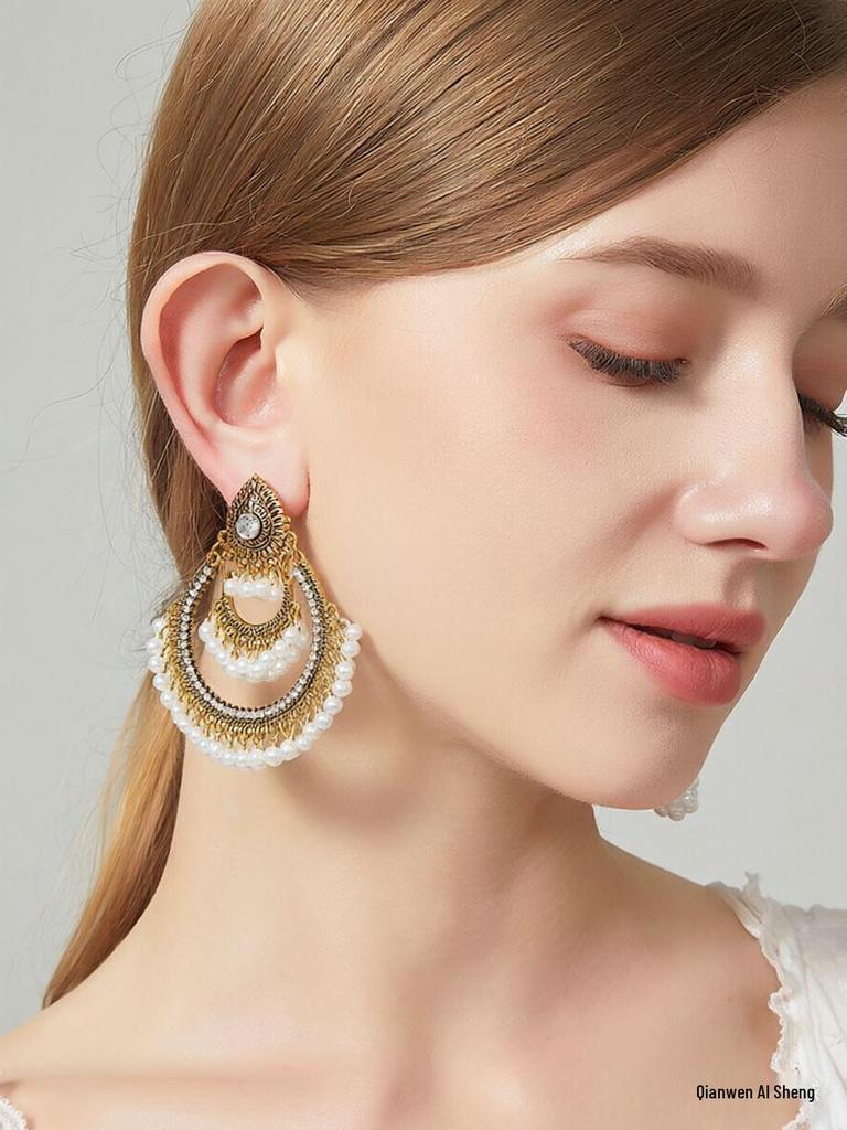 European & American Retro Beaded Tassel Fashion Earrings - Exaggerated Long Style for Women
