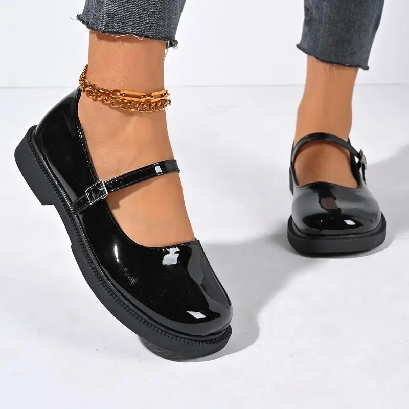 Topánky pre ženy nadmernej veľkosti Mary Janes Dámske lodičky Stručné ležérne lodičky Dámske topánky s okrúhlou špičkou na nízkom podpätku so zapínaním na pracku 42 čierna