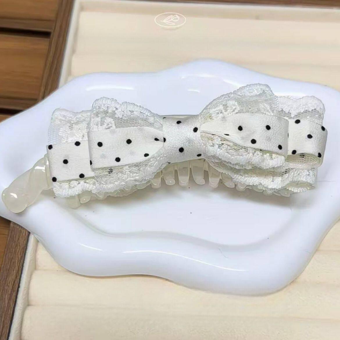 White Lace Polka Dot Bow Banana Clip for Ponytails - Elegant High-End Grip 2026 грязно-белый