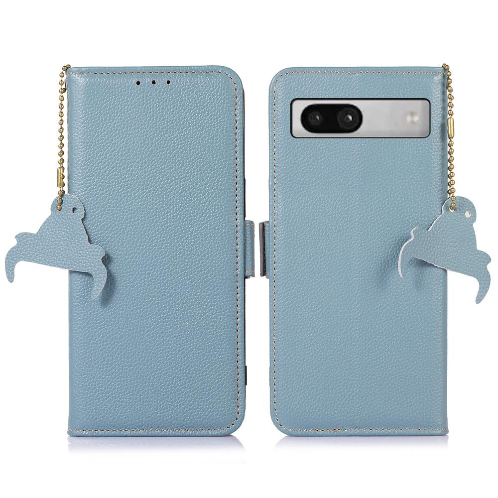 

For Google Pixel 7a Wallet Stand Phone Cover RFID Blocking Genuine Cow Leather Phone Case Blue