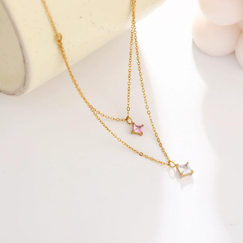 Chic Stainless Steel Double-Layer Stacking Chain pinky white Zircon rhombus Pendant Necklace Delicate Style High-Grade