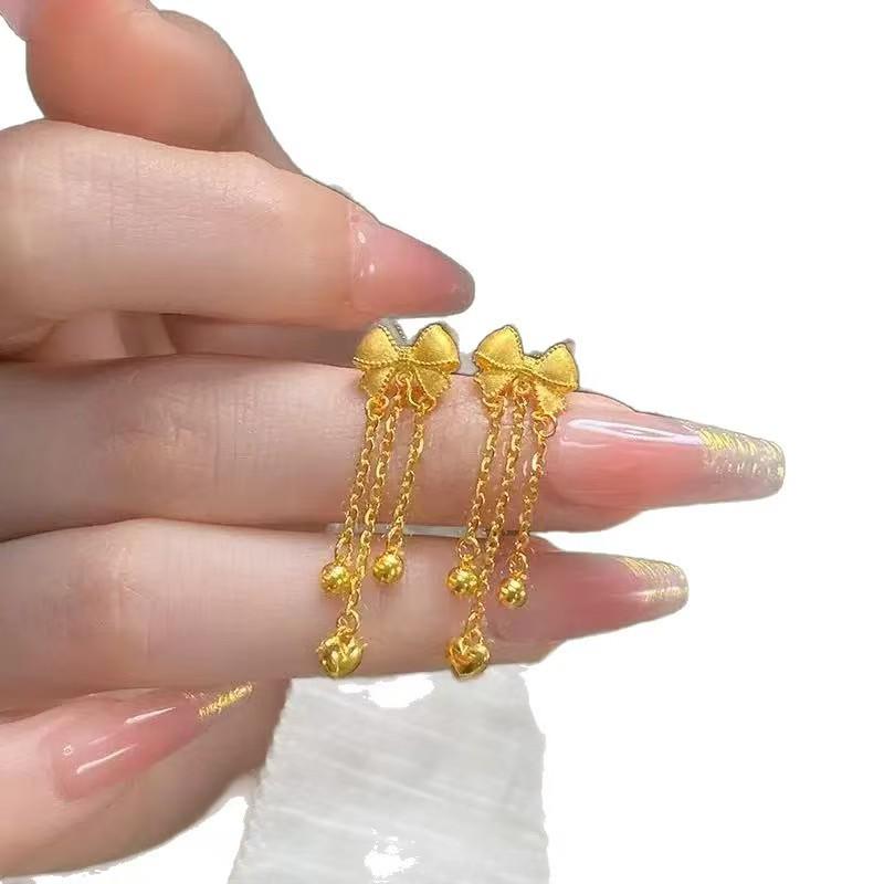 Gold Bow Tassel Heart Drop Earrings for Women - Exquisite, Simple, and Luxurious Design