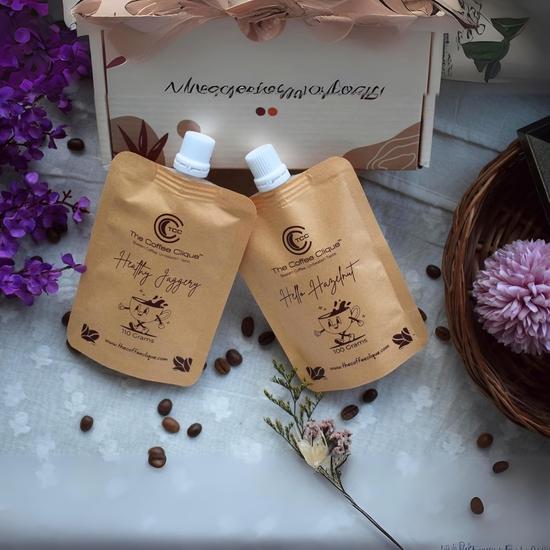 The Coffee Clique | Healthy Jaggery + Hello Hazelnut| Cafe Like Cappuccino At Home | No Additional Sugar Needed | Combo of 2 | 210 Grams