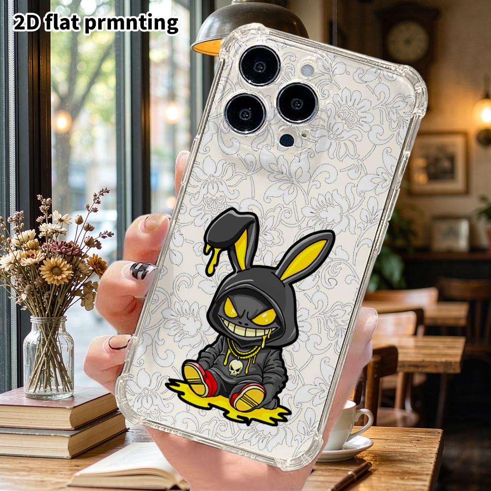 Phone Case: 2D Flat Suitable for iPhone 18 17 16 15 14 13 Pro, Transparent Four Corner Protective Case, Dark Trendy Bunny, Christmas and Halloween Gif