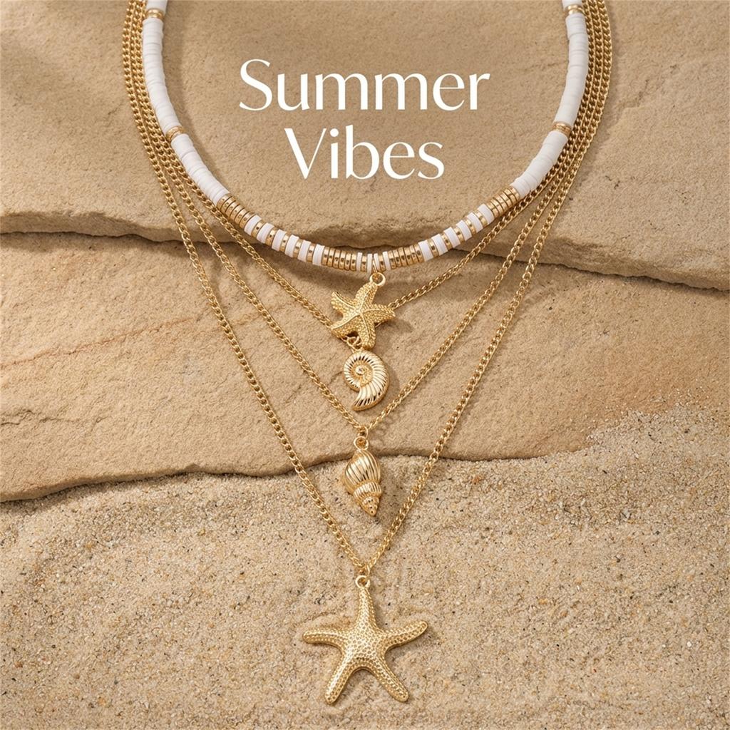 Polymer Clay Starfish Shell Conch Necklace Set 4Pcs Summer Beach Layered Choker For Women