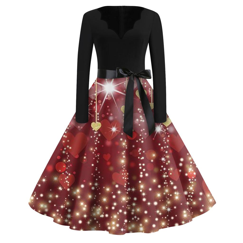 Dámské módní neformální štíhlé vánoční potištěné šaty s dlouhým rukávem s výstřihem do V