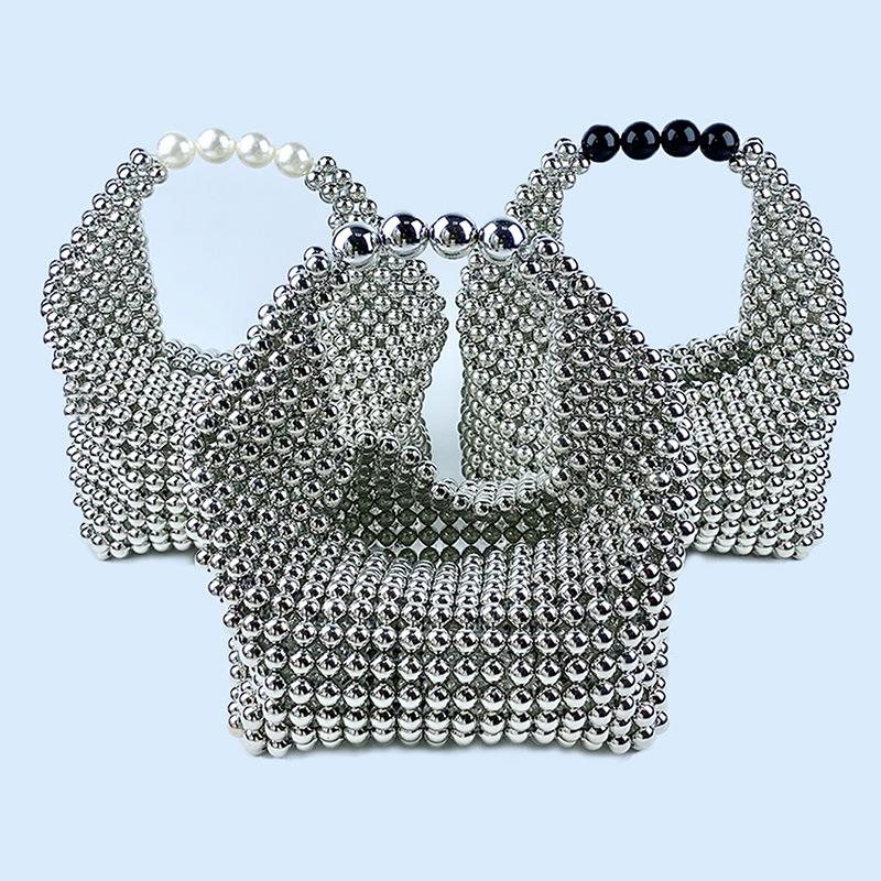 Luxury Design Handmade Silver Acrylic Beaded Handabg for Women Hand-woven Small Evening Bag Dinner Party Clutch Purse  New