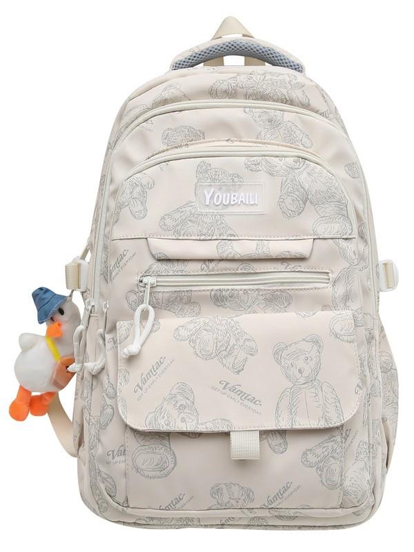 Large Capacity Bear Print Backpack for Students - Perfect for Middle, High School, and University Girls.