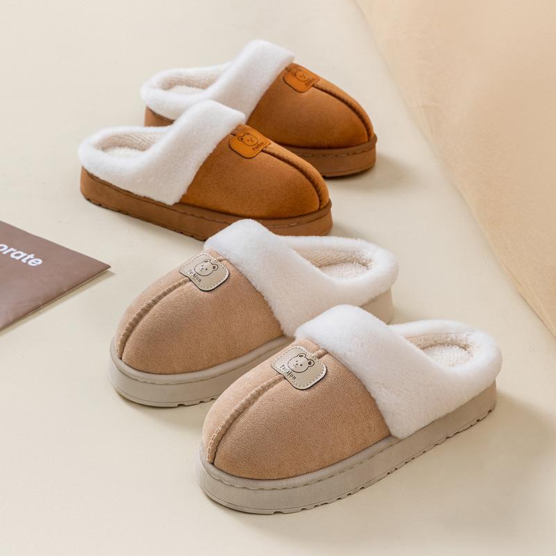 Bear Label Flanged Plush Thick-soled Cotton Slippers Autumn and Winter Couple Indoor Plush Thermal Cotton Slippers