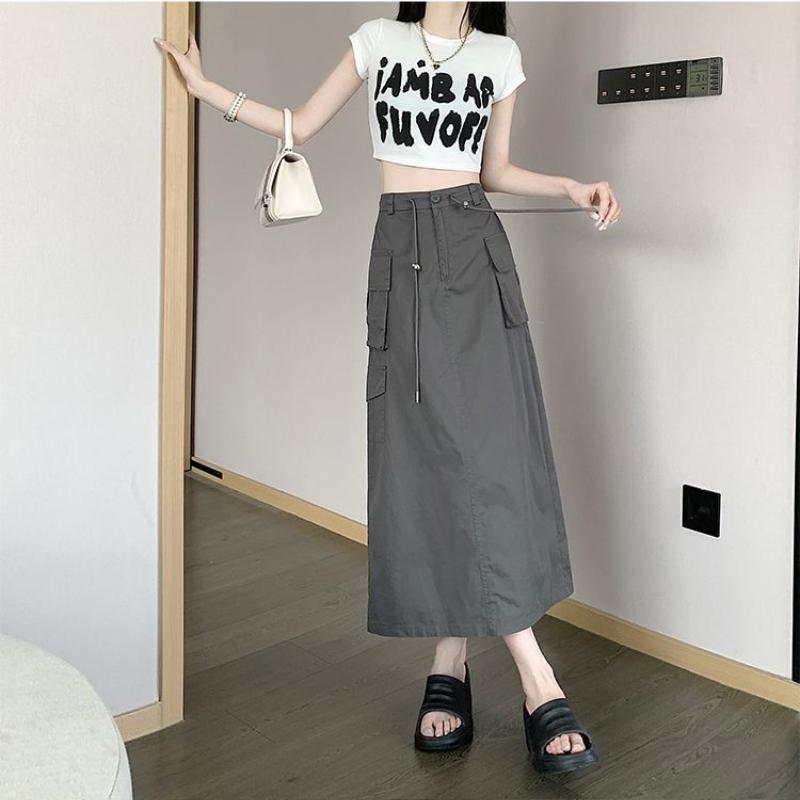 Women's Summer American Vintage Utility Midi Skirt - High-Waist Split Drawstring A-Line Army Green Skirt