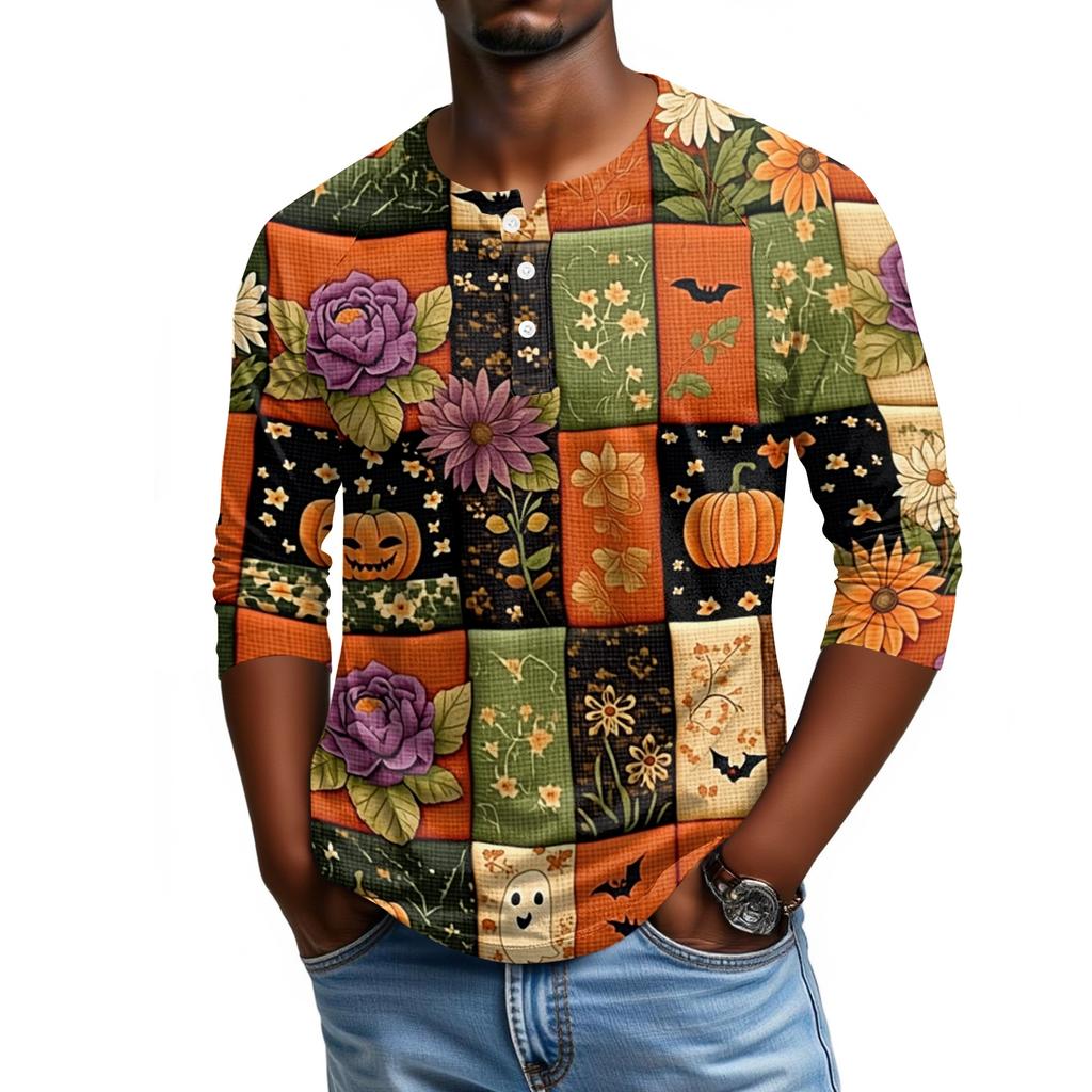 Men Casual Halloween Print Henley Shirt Raglan Sleeve Three Quarter Length Button Front Top for Fall Seasonal Wear