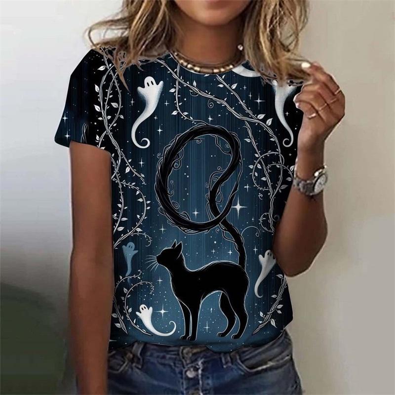 Women's T-shirt with Cute Cat Pattern 3D Printed for Girls, Summer Casual and Fashionable Women's Short Sleeved Oversized T-shirt