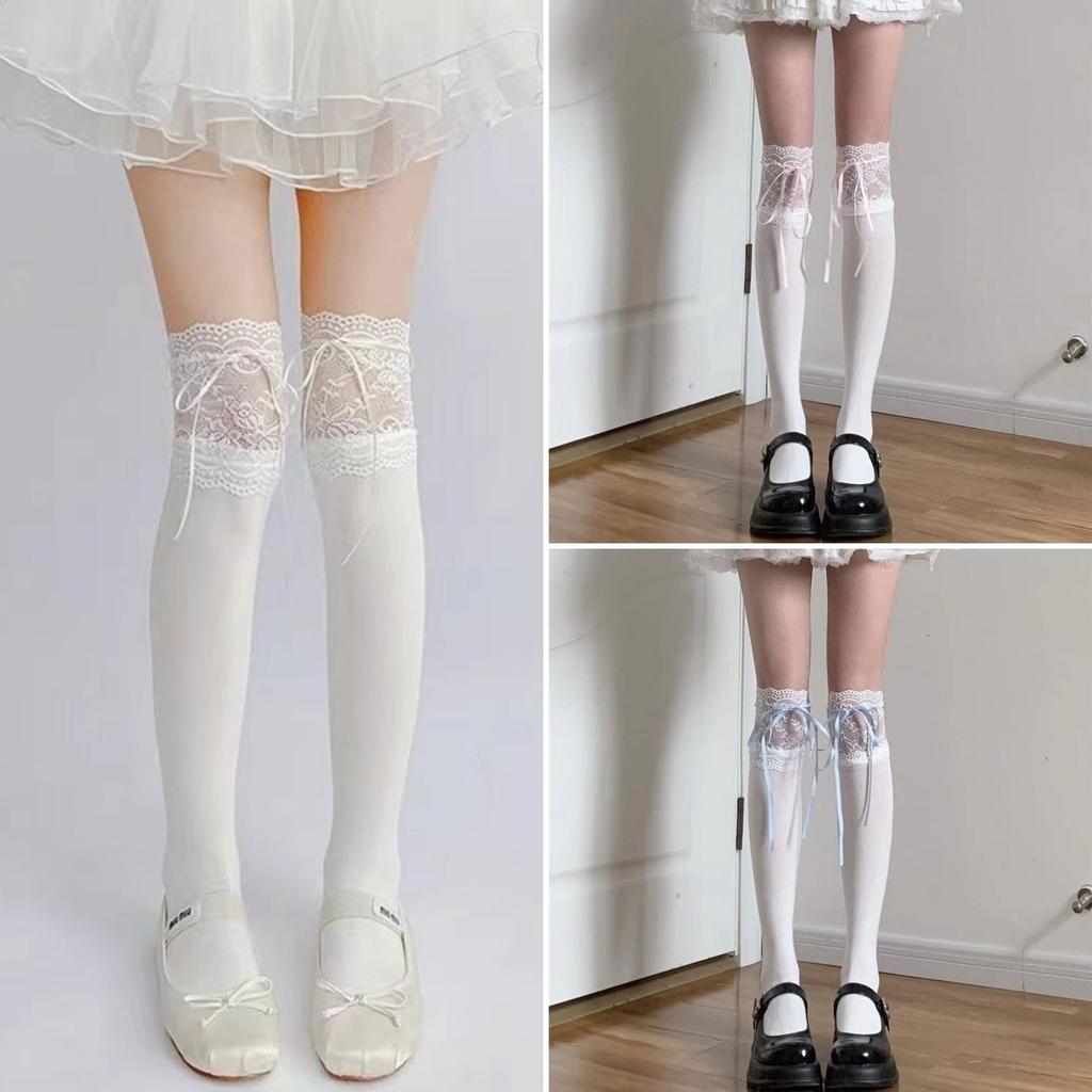 Lolita Lace Knee Socks White Women'S Ribbon Bow Medium Stockings Jk Autumn Thin Calf Socks