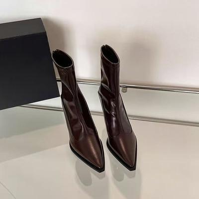 Black Pointed French Bare Boots 2026 Season Brown Temperament High Heel Thin Boots Short Boots Women's Boots