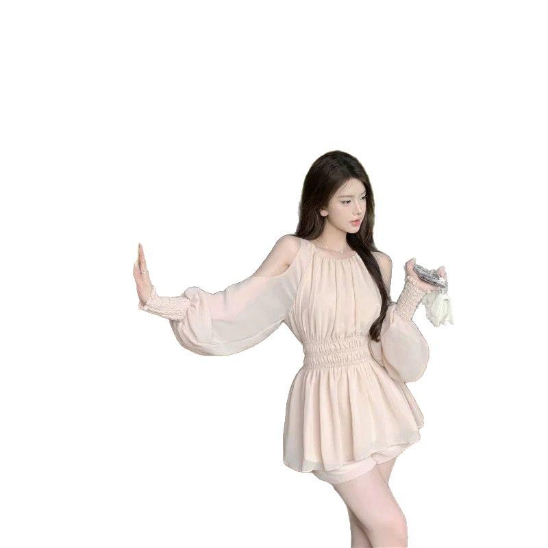 Double-layer sleeve French gentle off-shoulder long-sleeved waist chiffon shirt women's summer suit women's casual straight shorts