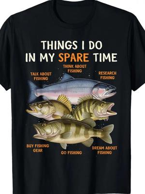 Męski zabawny T-shirt z grafiką wędkarską - Wzór ''RZECZY, KTÓRE ROBIĘ W WOLNYM CZASIE'', Bas