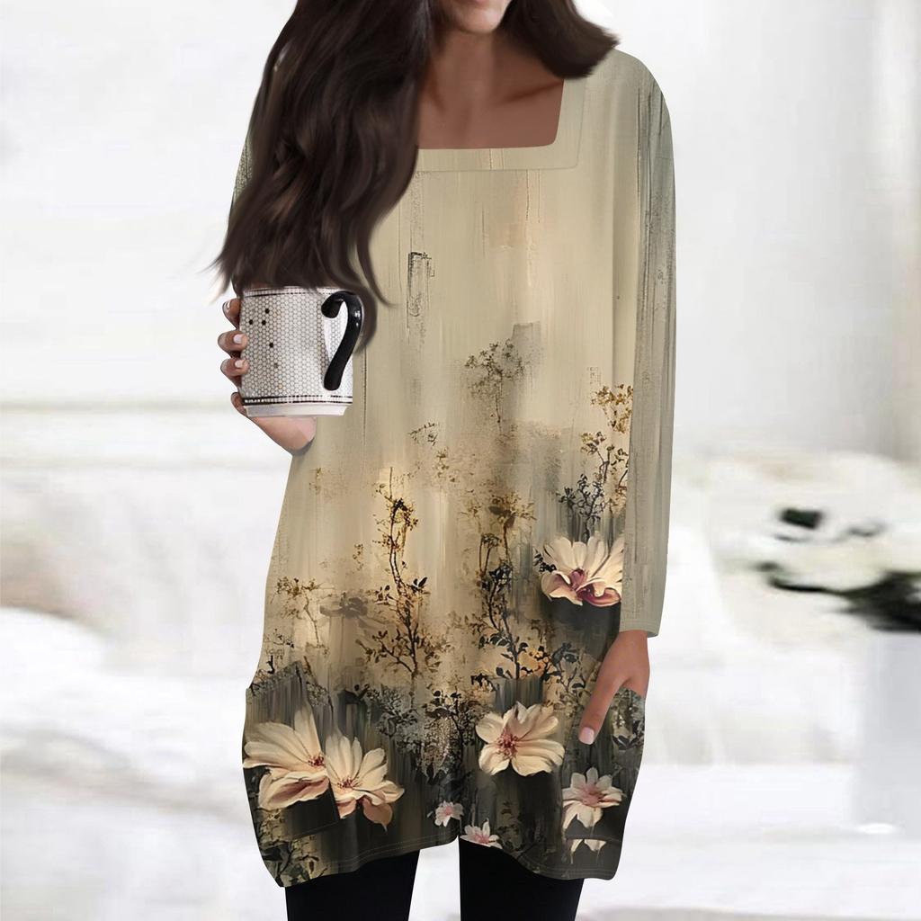 Womens Tops Square Collar Long Sleeve Blouses Casual Mid-length Shirts Fashion Print Tunic Tops With Pockets