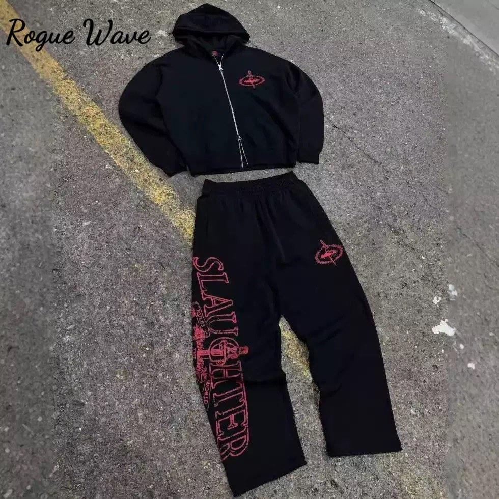 RogueWave Y2K Hip-Hop High Street Modny Streetwear Zestaw Sportowy Retro Harajuku Rozpinana Bluza z Kapturem Gotycki Punk Nadruk z Literami Casualowe Luźne Spodnie Dresowe