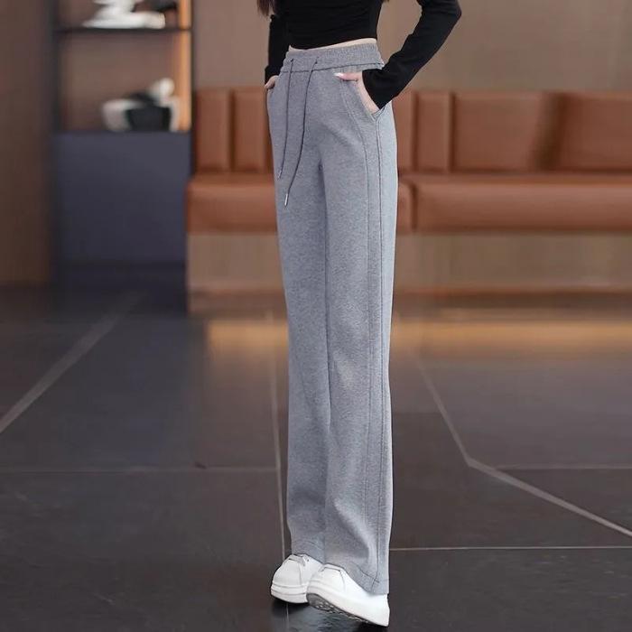 Women's Plus Velvet Wide-Leg Pants: Thick, High-Waisted, Slimming, Autumn/Winter, Plus Size, Loose-Fit, Casual, Trendy.