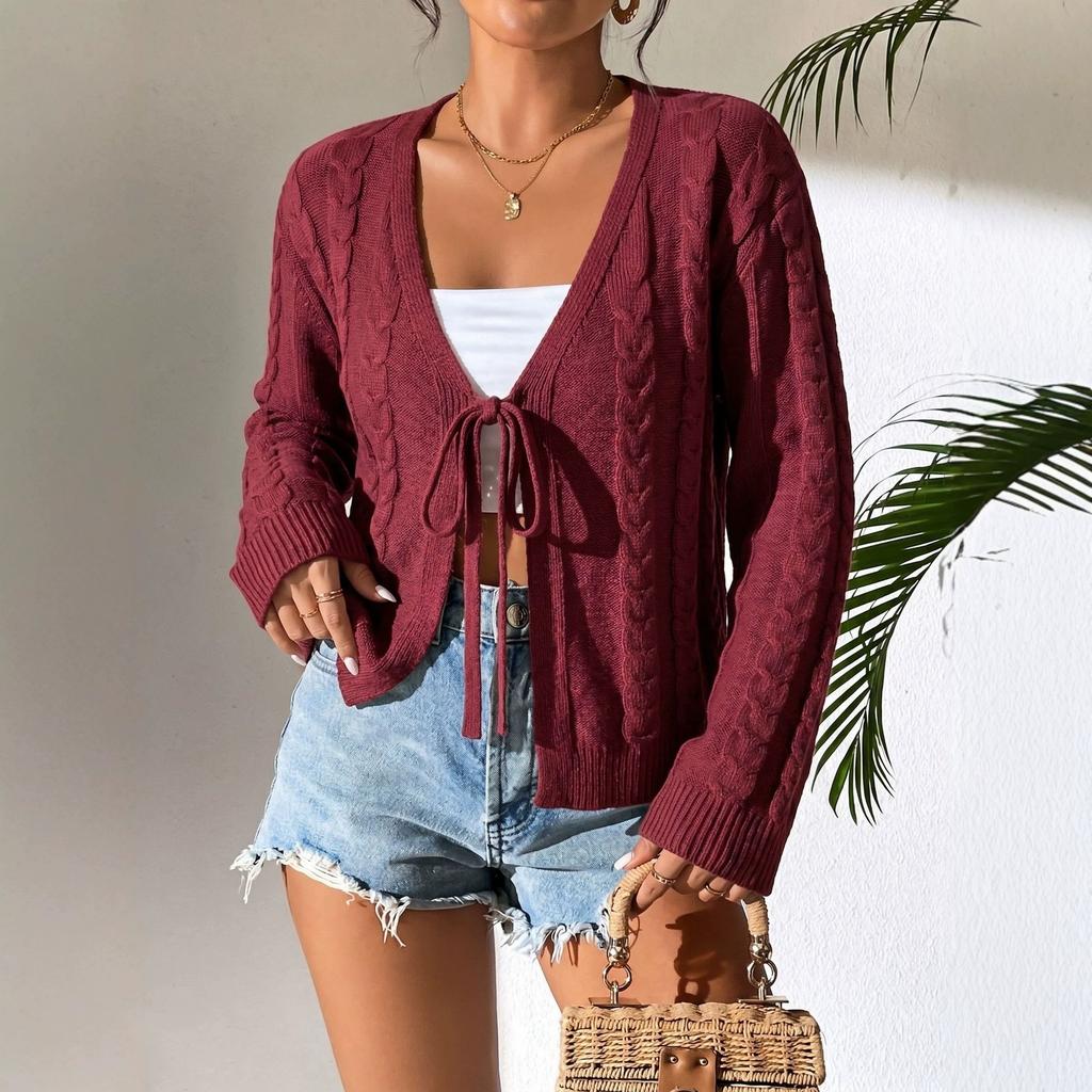European and American Cable Knit Cardigan for Women, Early Autumn Thin V-Neck Tied Bow Long Sleeve Short Sweater Jacket