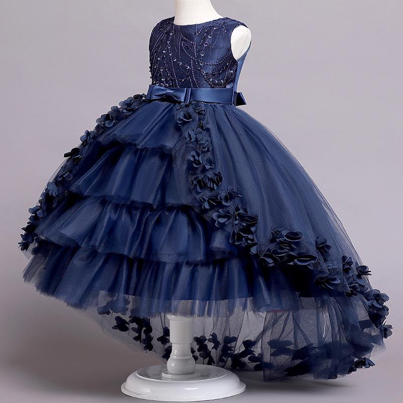 Children's Formal Puffy Princess Wedding Dress with Lace Train for Catwalk and Performances