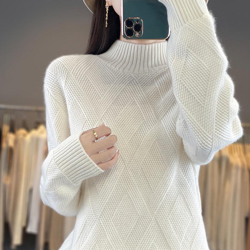 Versatile Women's Wool Sweater: Half-High Neck, Solid Color, Diamond Cable Knit, Warm & Comfortable Pullover