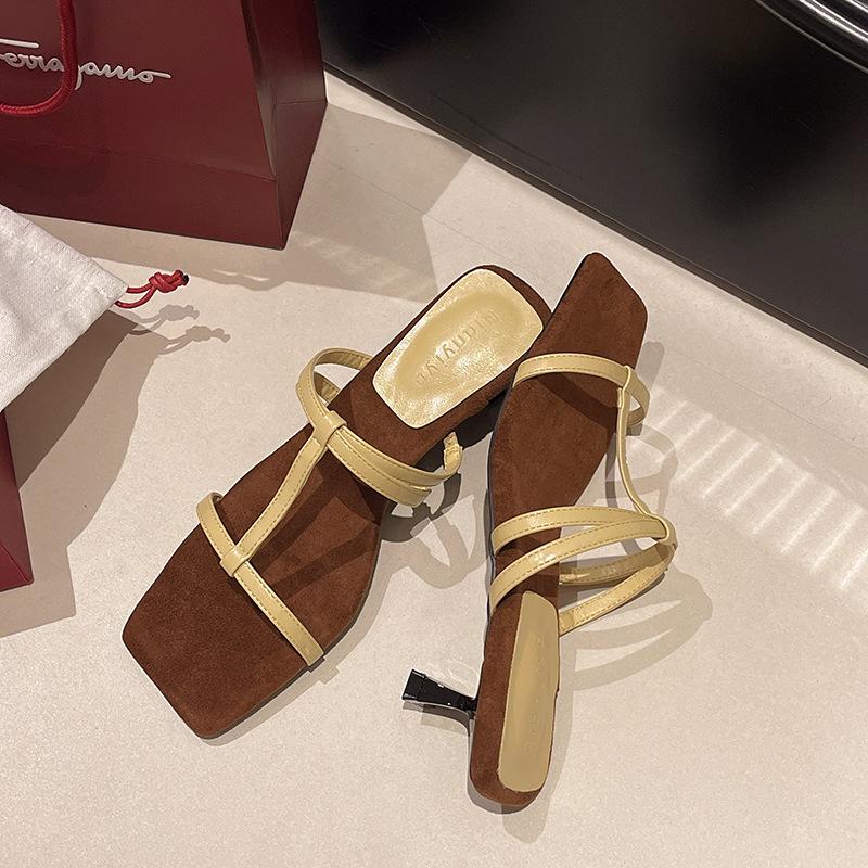 Slippers Female Summer Wear Cool Slippers Female Open Toe Heel Kitten High Heels Square Head Thin Strap Beautiful Word