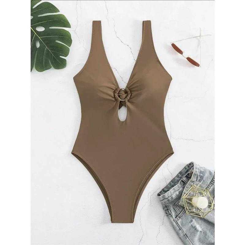 

Twisted Hollow Out Bikini Micro Monokini Rings Sexy Deep-V Swimsuit Women Swimwear One-piece Beach Bathing Suit Vacation Outfits S кавовий