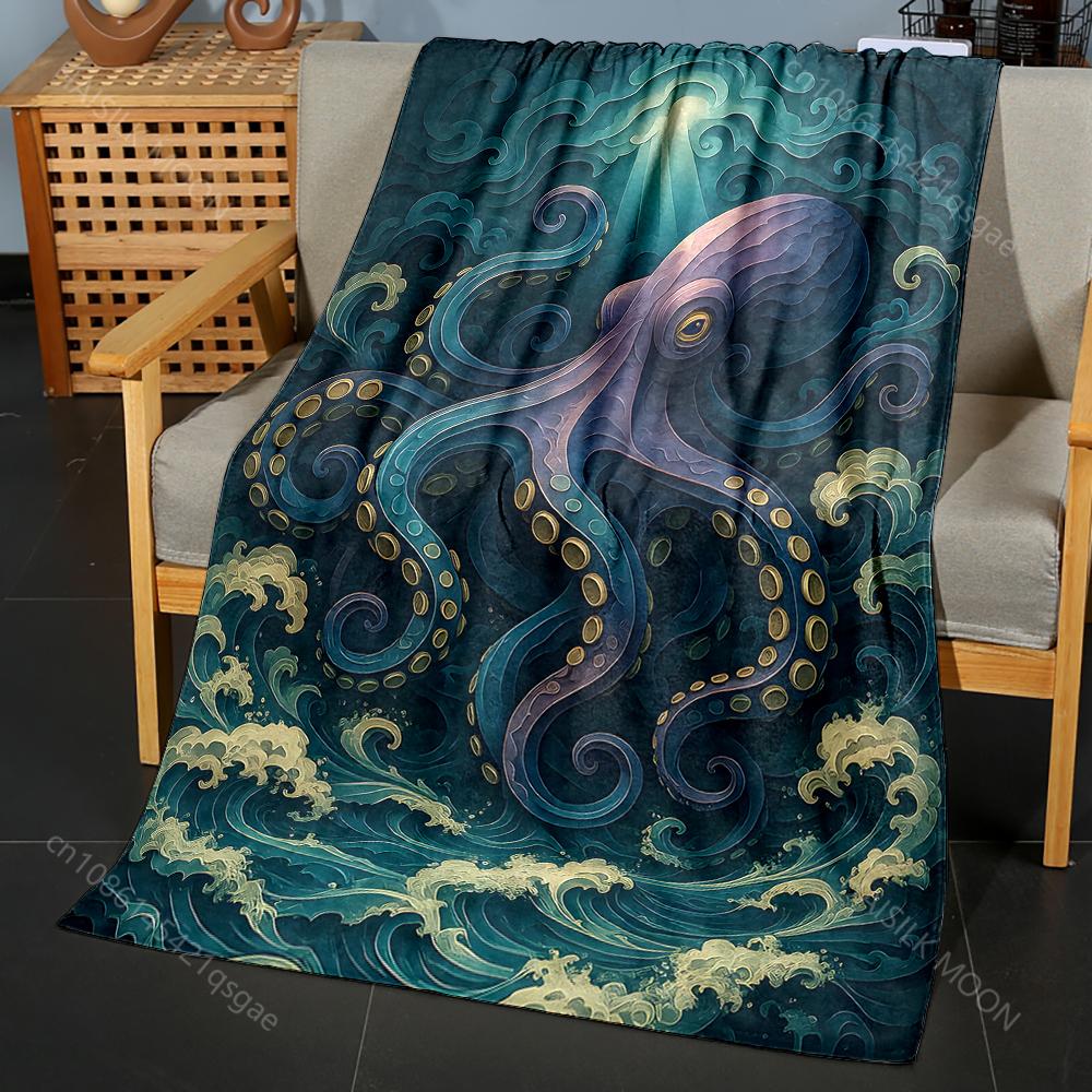 

1PC Giant octopus waves light beam Print Blanket Flannel Material Soft Warm for All Seasons Home Outdoor Camping Picnics RV 75x90cm