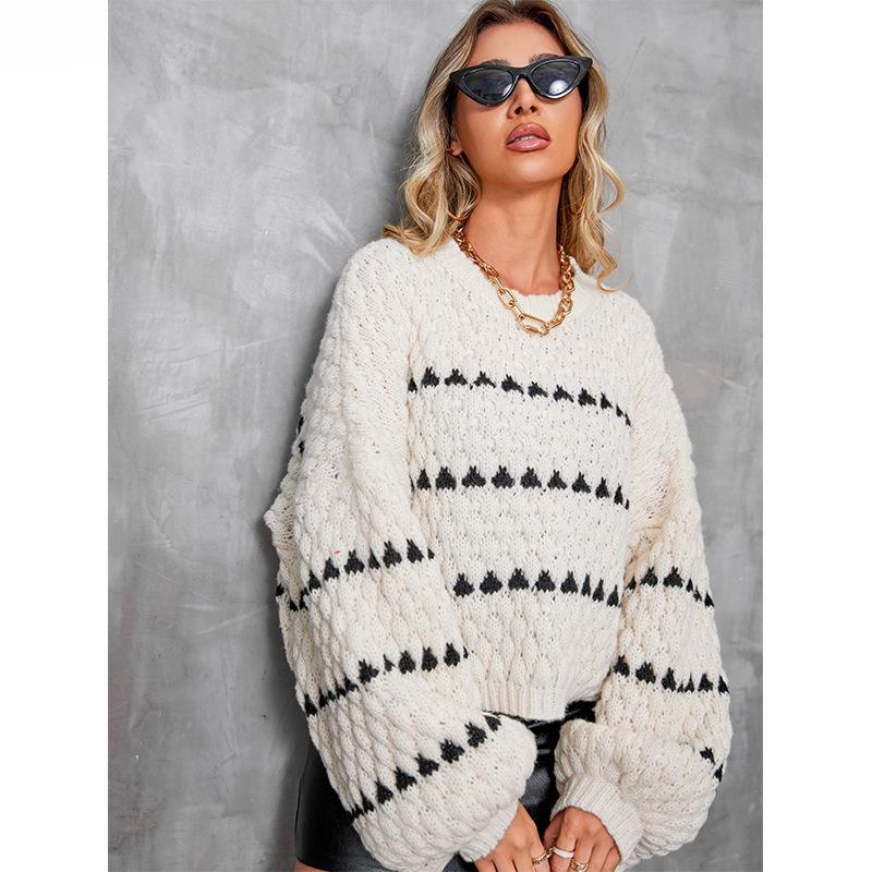 Striped Round Neck Pullover Chunky Needle Sweater Women Loose Lazy Style Long Sleeve Knit Tops